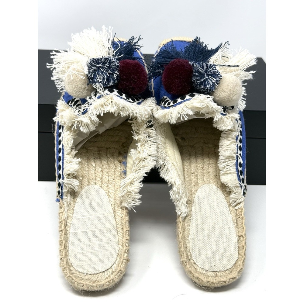 Tonivis Canvas Pom-Pom Fringe Trim Slip On Espadrilles Mules Flat Blue Women's 9 - Picture 2 of 10